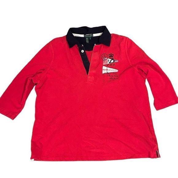 Lauren Ralph Lauren Tops - Lauren Ralph Lauren Polo Shirt Red Navy Polo Anchor Flag 3/4 Sleeves 1X W